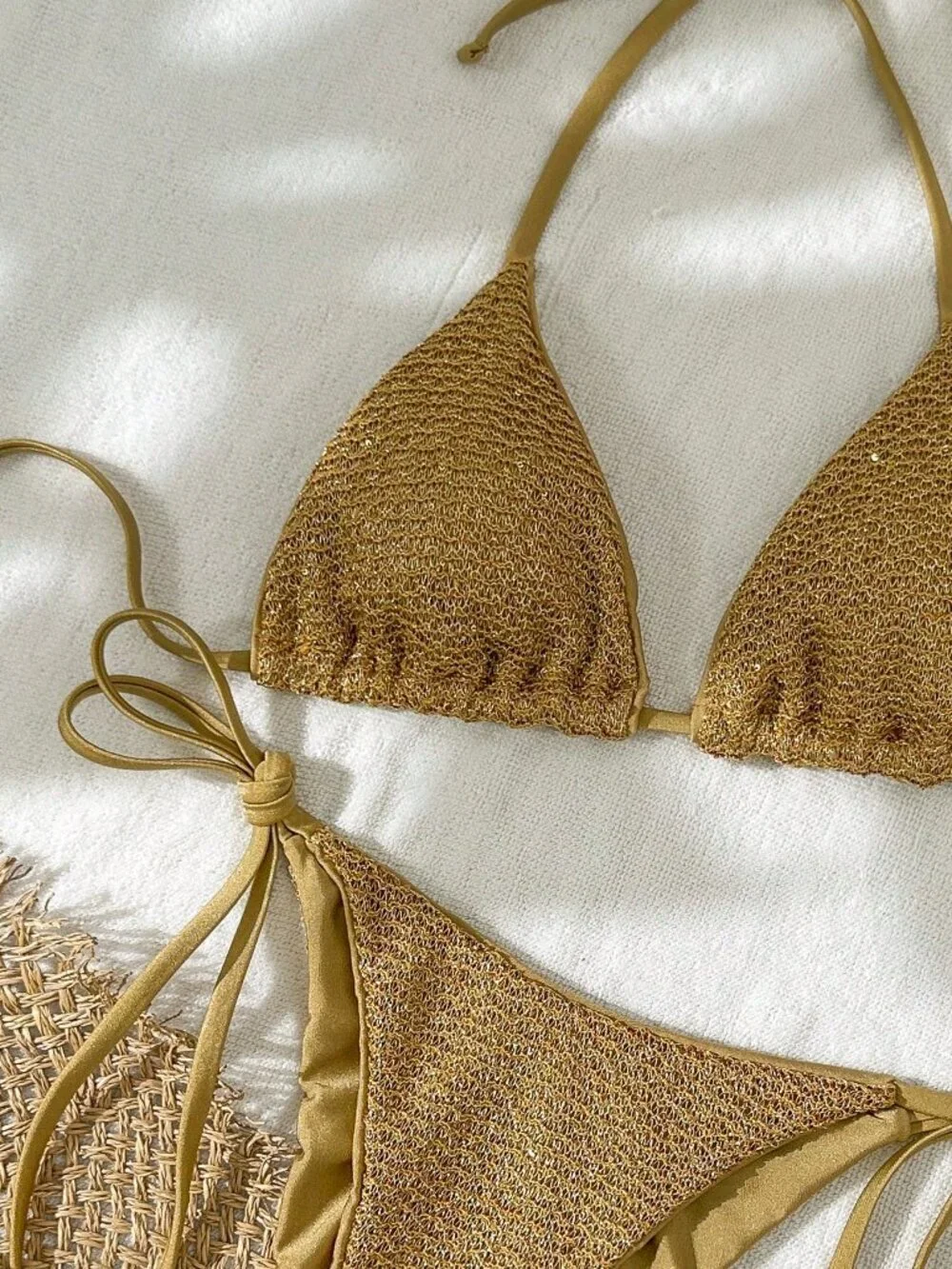 Brown Sequin Textured Women's 2-Piece Halter Triangle Bra Bikini Set
